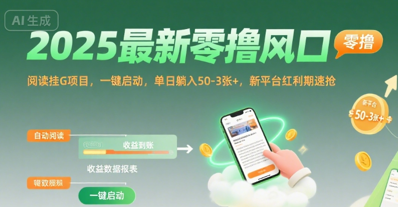 2025最新零撸风口，阅读挂G项目，一键启动，单日躺入 50-3张+，新平台红利期速抢【揭秘】-优优云网创